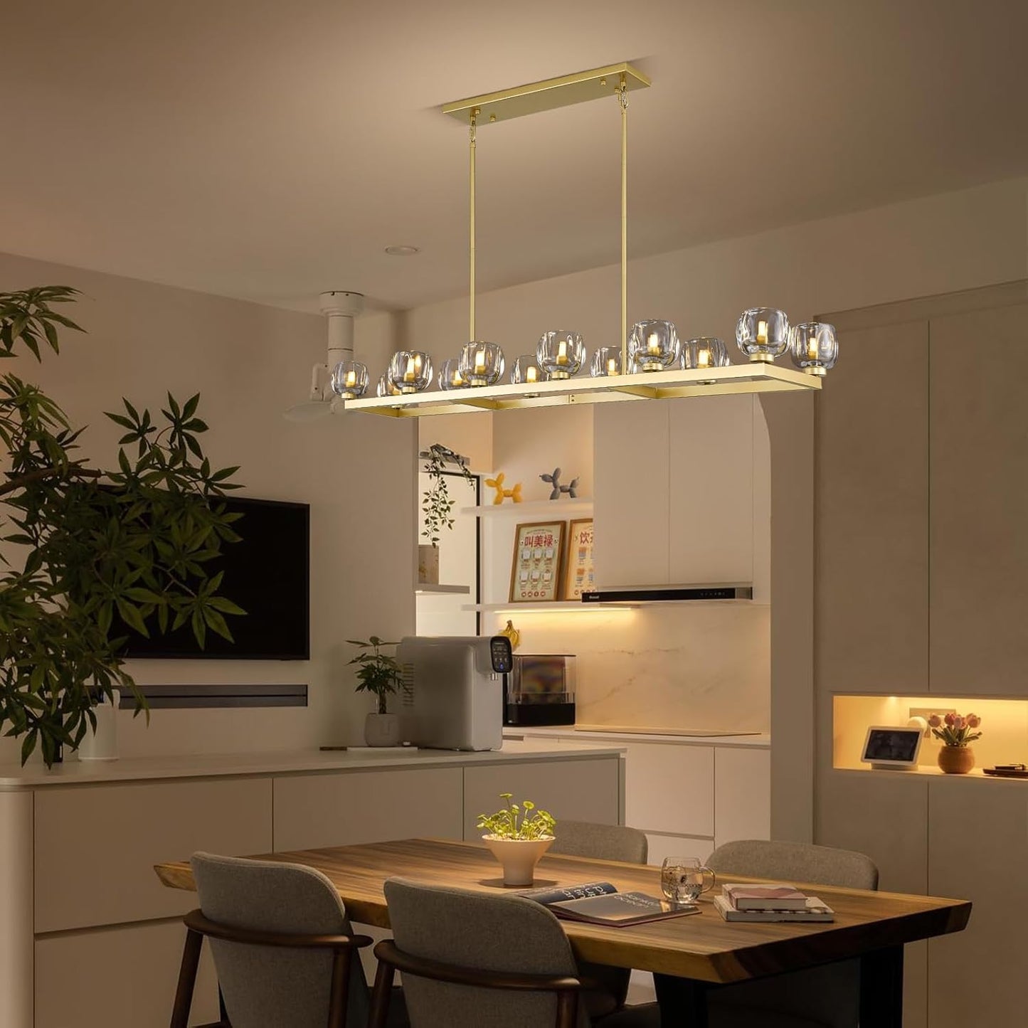 59 Inch Brass Rectangle Wagon Wheel Chandeliers, Gold Chandelier for Dining Room Over Table, Modern Crystal Long Chandelier, Farmhouse Large Linear Chandeliers for Kitchen Island