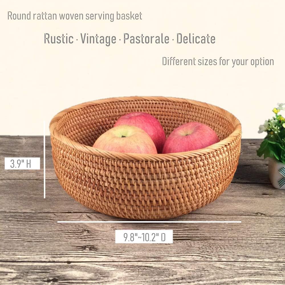 Hadewoven Round Rattan Fruit Basket Wicker Food Tray Weaving Storage Holder Dinning Room Bowl, 10 Inch Woven Bread Basket Key Bowls with 4”Wall for Table, Countertop (Large 9.8")
