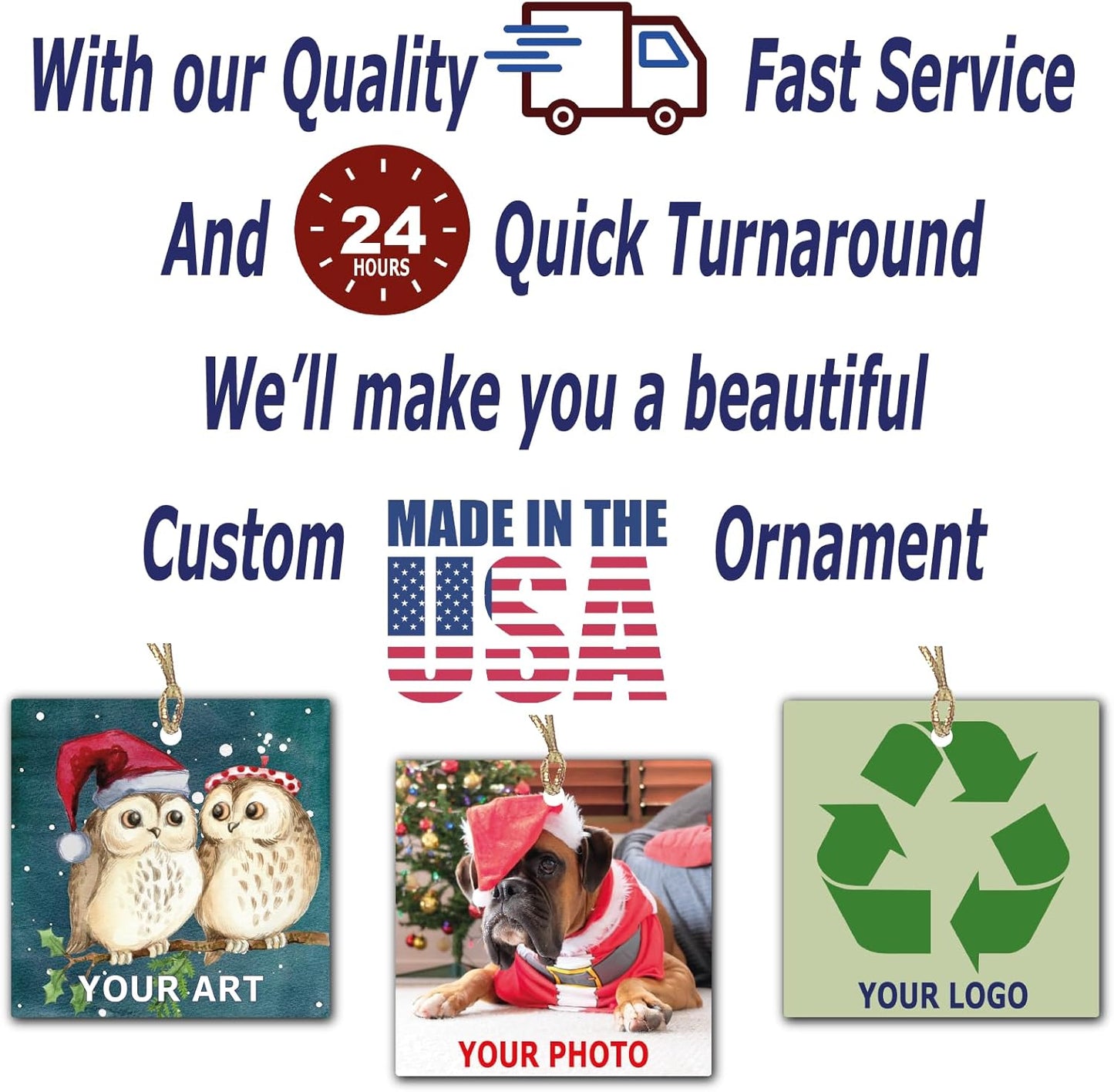 Personalized Christmas Ornament, Add Photo Text or Art Design and Make Your own Customized Porcelain Ceramic Ornament, Gold String and Gift Bag Included (Square)