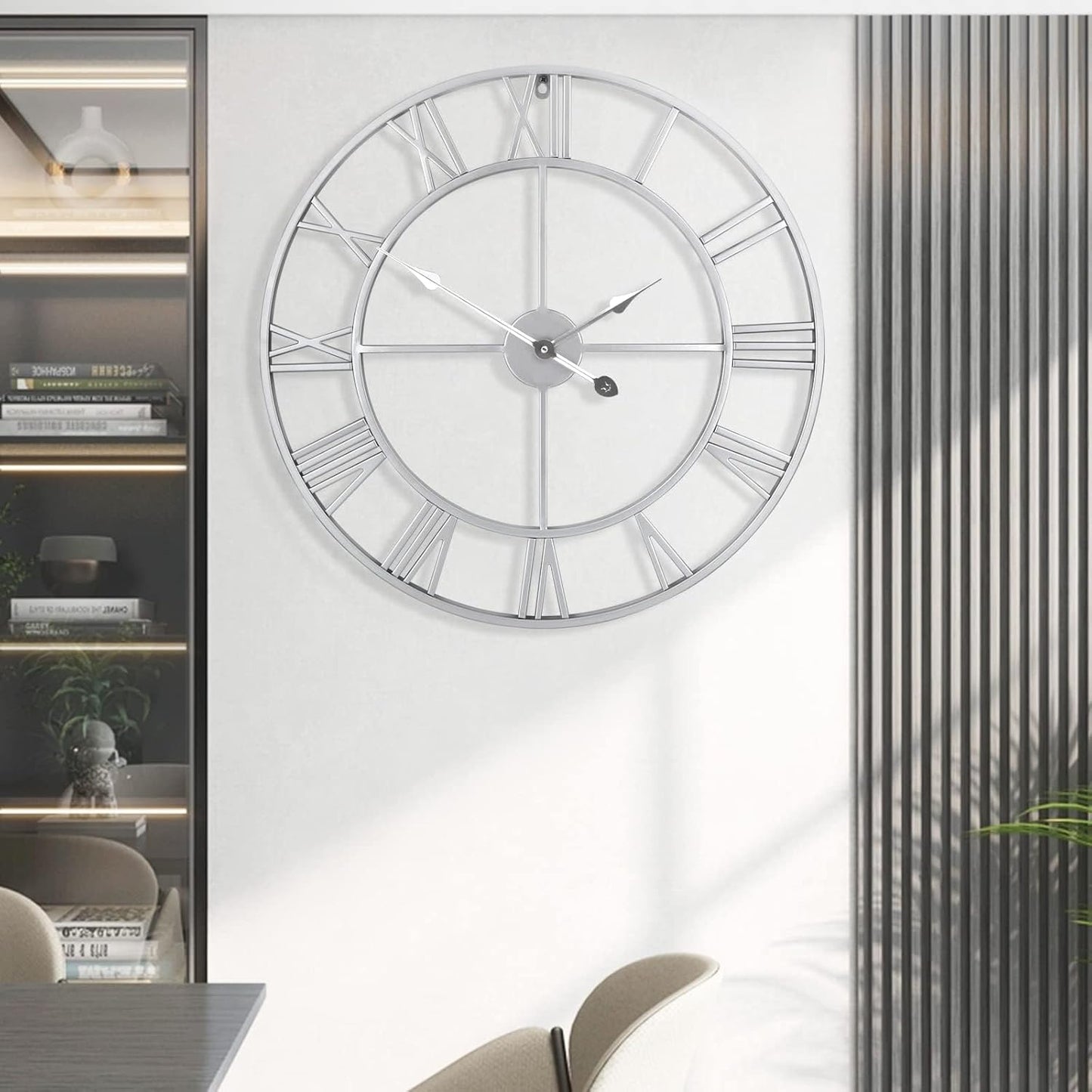 Large Wall Clock - 40cm/ 16 Inches Silent Non-Ticking Metal Wall Clock, Vintage Modern Silver, Battery Operated, Ideal for Living Room, Bedroom, Office, Farmhouse Decor