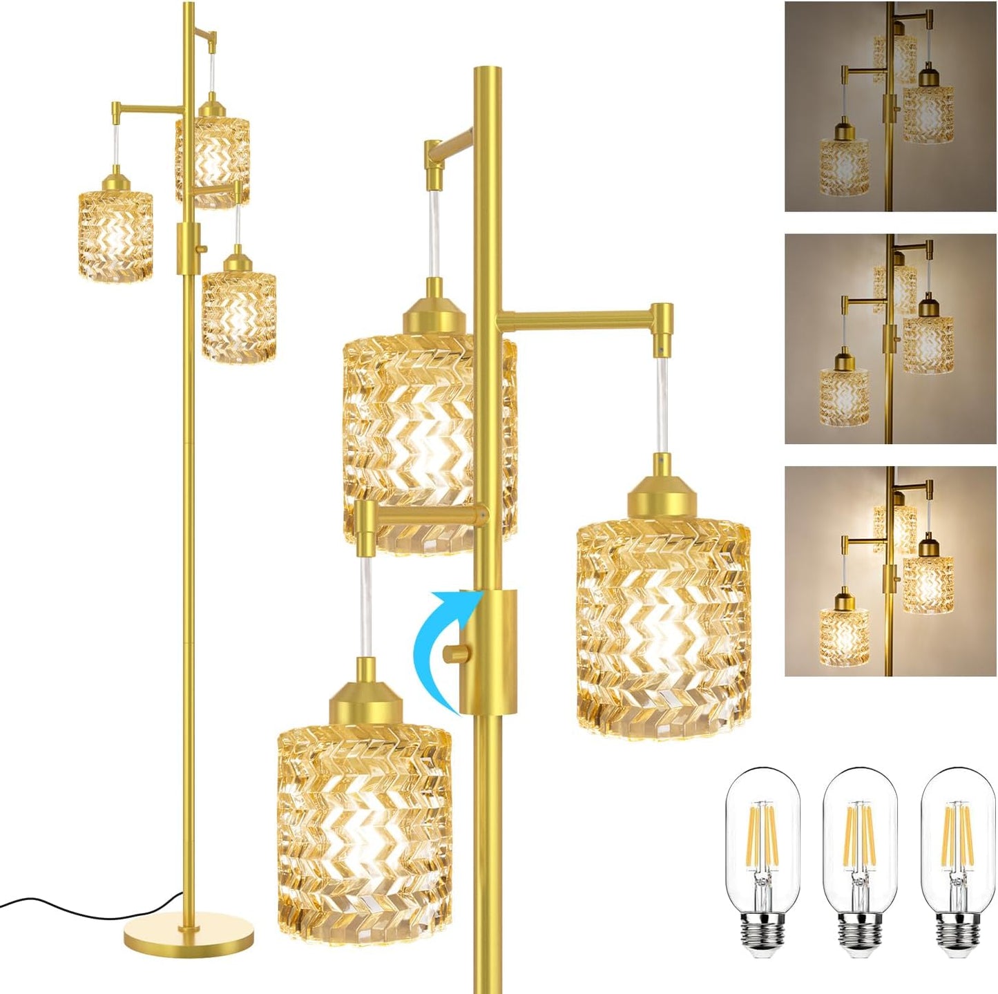 Gold Floor Lamp for Living Room Bedroom, 3-Light Vintage Standing Lamp Stained Glass, Mid Century Modern Tall Floor Lights, Amber Glass Shade with Golden Base