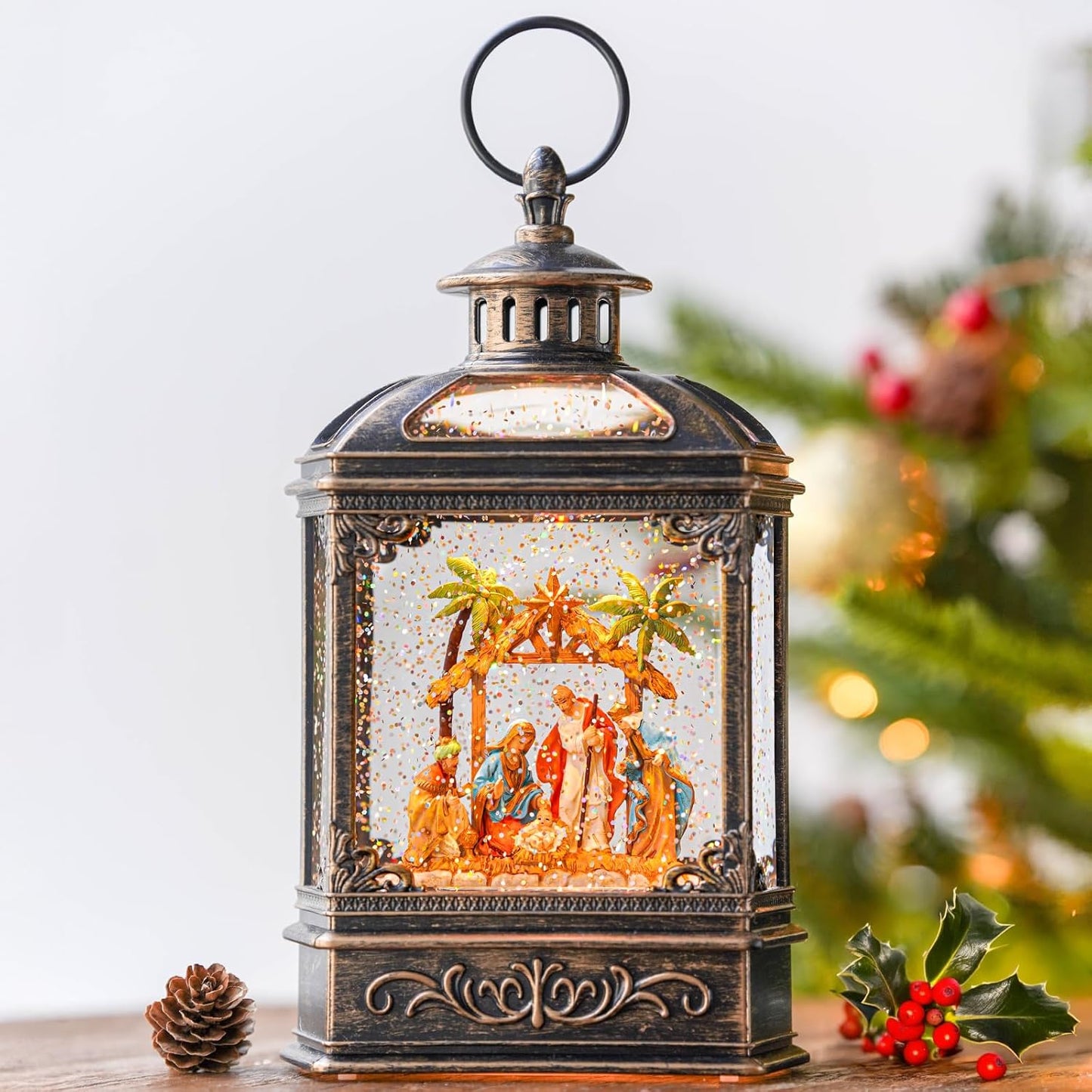 Christmas Snow Globe Swirling Glittering Nativity Scene with Music, USB Lined/Battery Operated Lighted Water Lantern for Christmas Festival Decoration Gifts