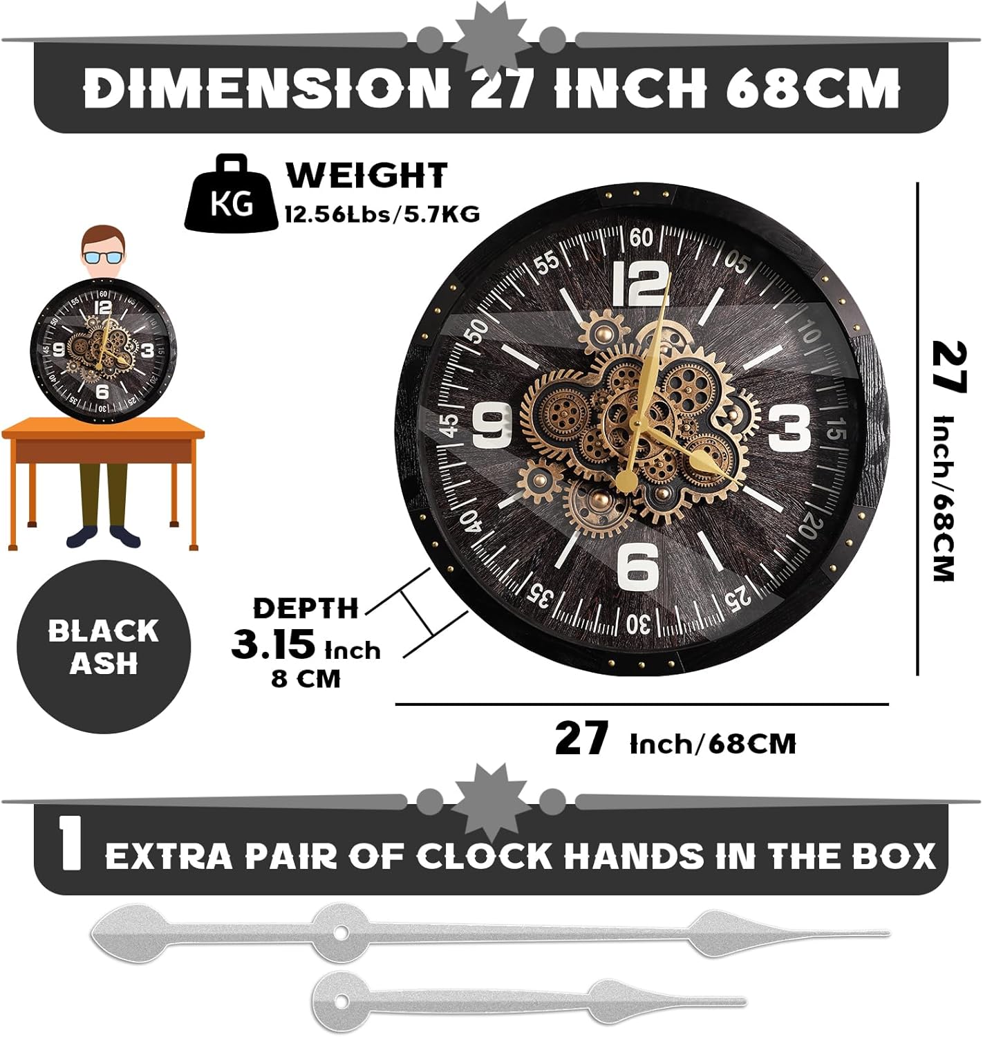 Wall Clocks for Living Room Decor, Large Real Moving Gears Clock, Vintage Industrial Oversized Rustic Farmhouse Kitchen Office Fireplace Wall Decor (Grey Black, 27 inch)