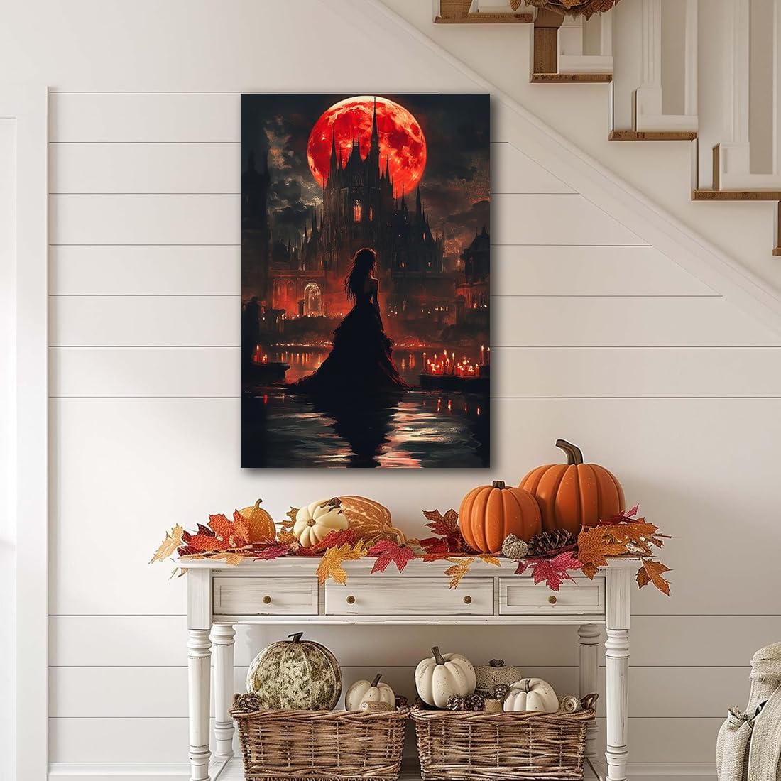 Halloween Witch Poster Canvas Prints Art Vintage Decor,Red Castle Blood Moon and Witch Scene Gothic Painting,Rustic Dark Academia Wall Art for Bathroom Spooky Living Room Wall Decor,16"x24" Unframed