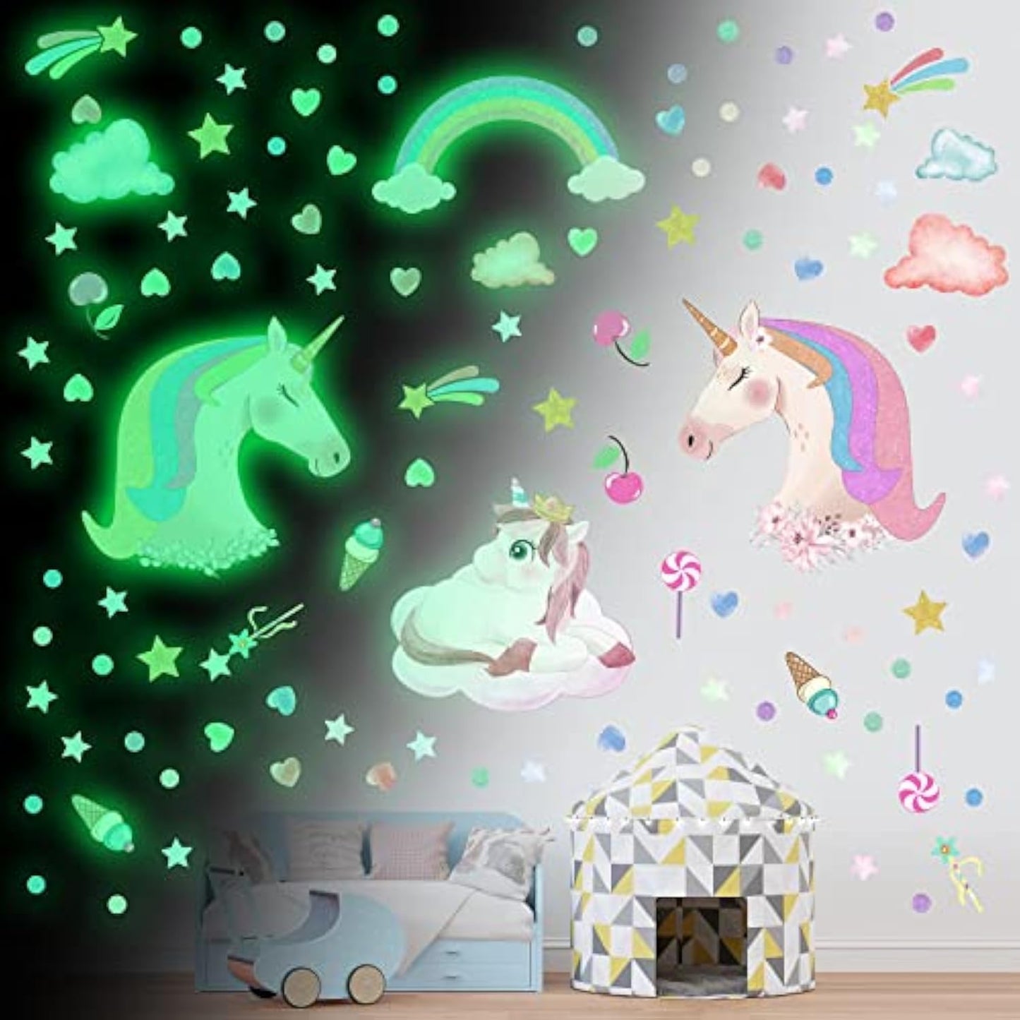 Glow in The Dark Unicorn Wall Stickers Decals, Removable Dots Stars Decals for Ceiling, Luminous Rainbow Wall Decal for Nursery, Room Decor Boys Girls Bedroom Playroom