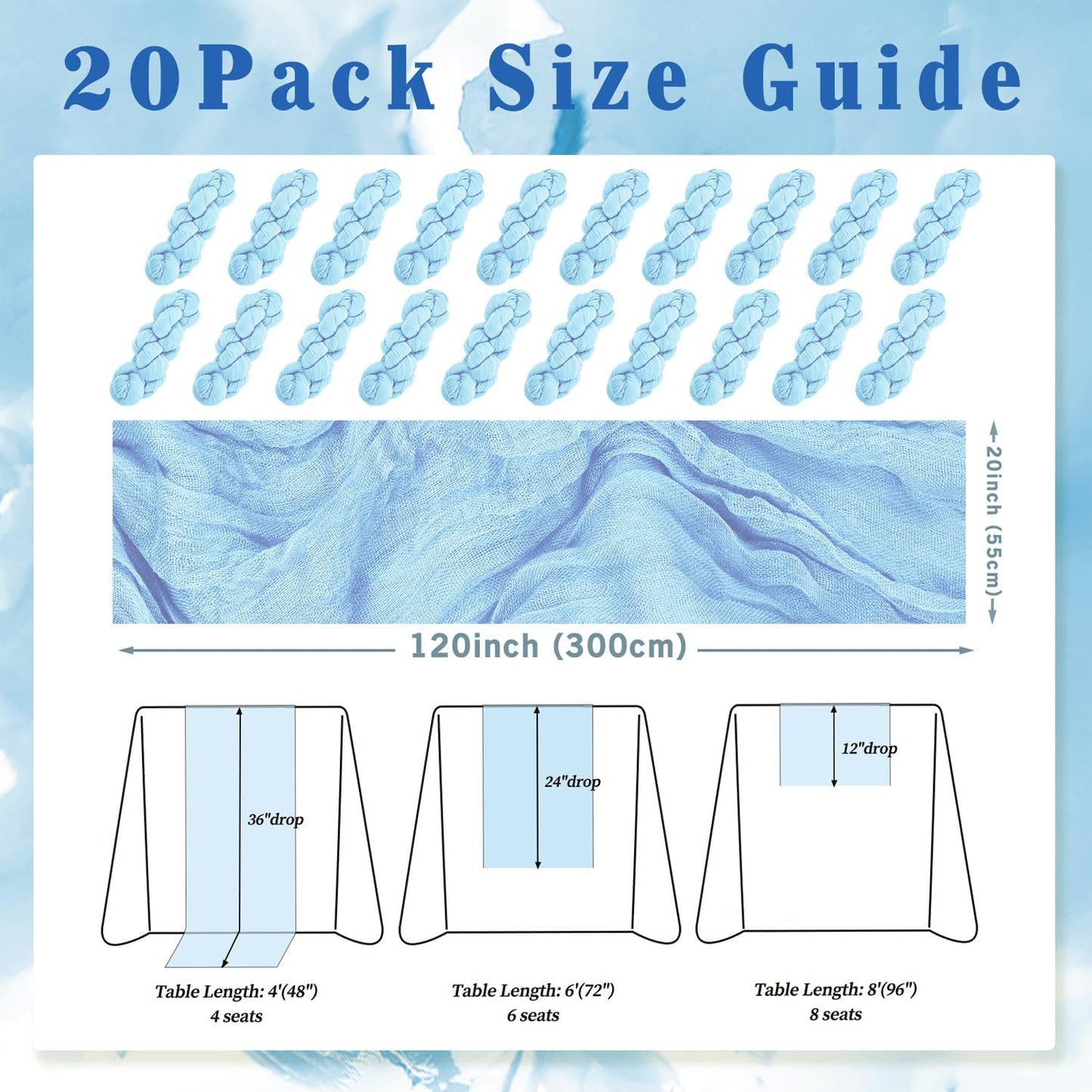 20 Pack Baby Blue Cheesecloth Table Runner 20 x 120 Inch Long Rustic Gauze Cheese Cloth Table Runner for Wedding 10FT Bridal Baby Shower Table Decorations Boho Fabric Sheer Birthday Party Table Decor