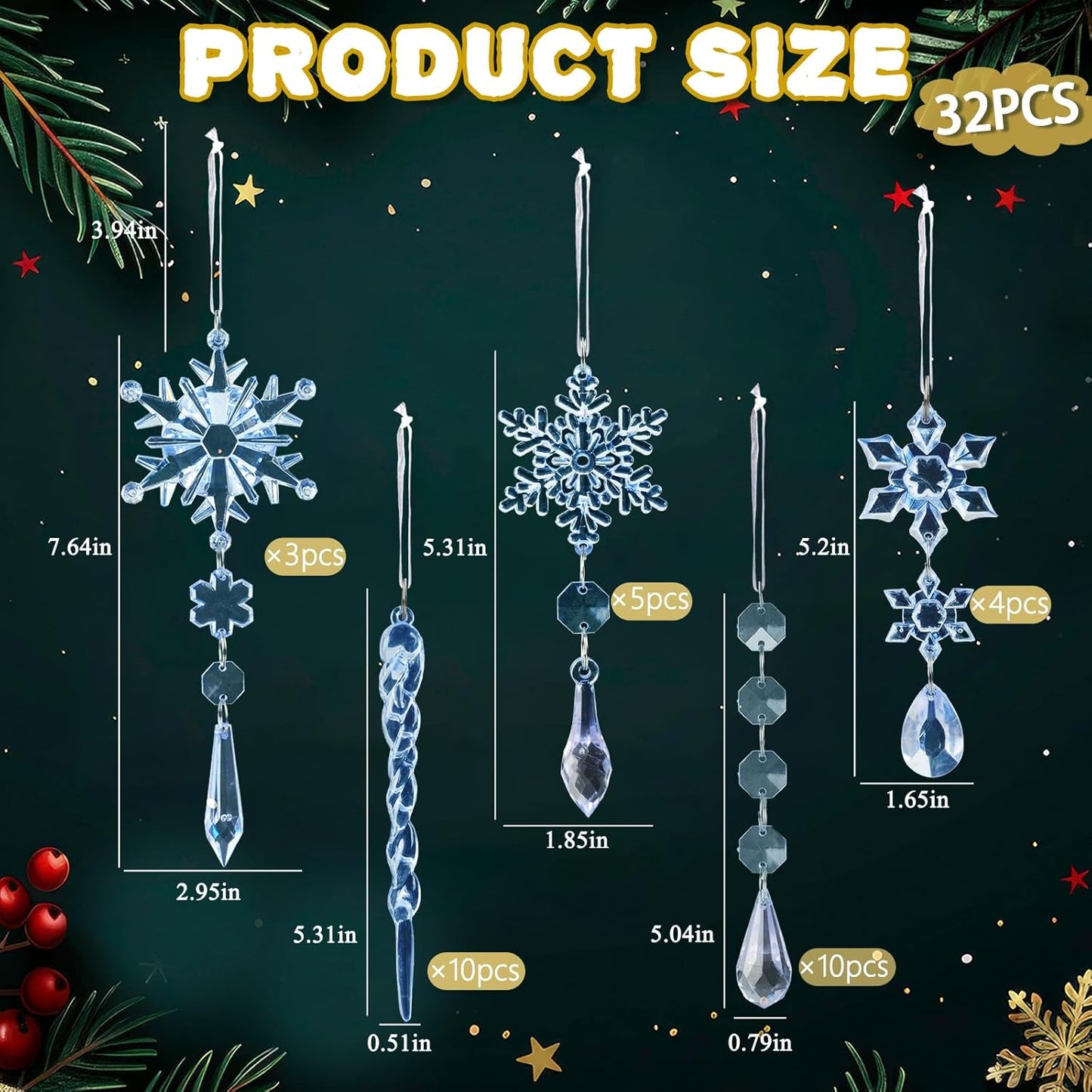 32pcs Crystal Christmas Ornaments for Christmas Tree Decorations-Blue Hanging Acrylic Snowflake and Icicle Ornaments with Drop Pendants for Xmas Winter Wonderland New Year Party Decorations Supplies