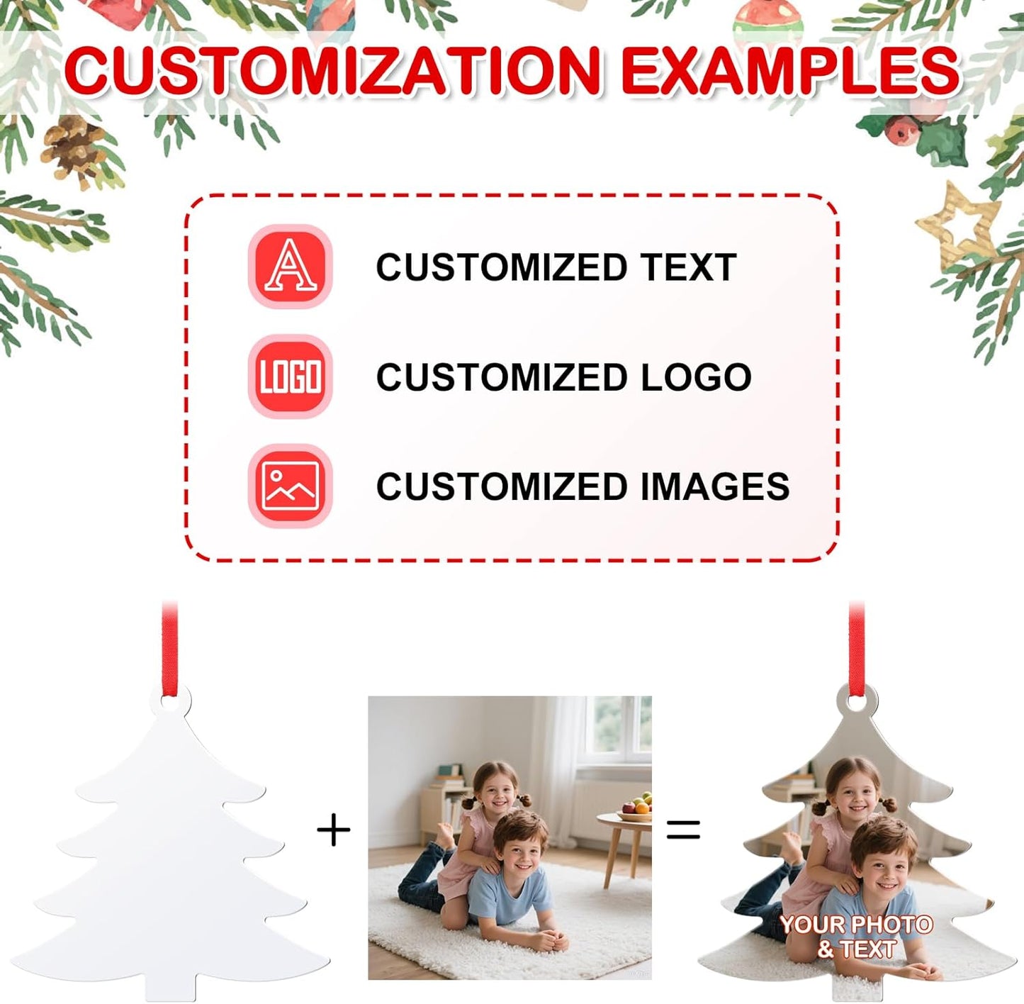 Personalized Photo Christmas Ornaments Double-Sided Metal Custom Picture Christmas Ornament 2024, Customized Xmas Tree Decorations Memorial Gifts for Kids Couples Family Friends Pet