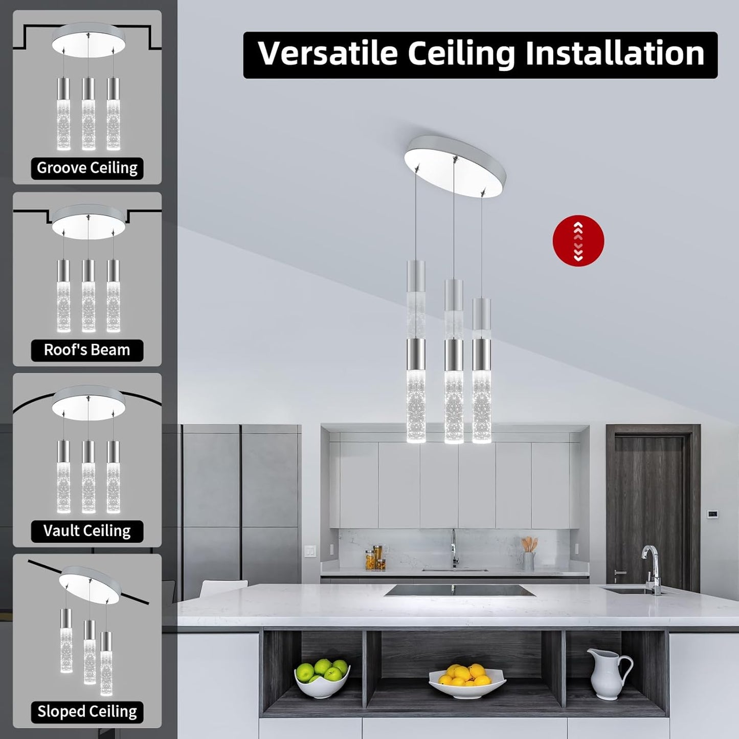 OKELI Smart Dimmable LED 3-Light Pendant Light for Kitchen Island, 18W 1350LM Modern Bubble Crystal Island Light Fixture with TUYA App & Voice Control, Adjustable 3000K-6000K, Electro-Chrome, Round