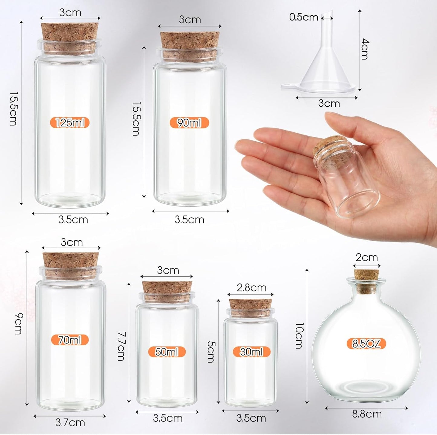 12 Pcs Halloween Glass Potion Bottle with Corks 6 Size Assorted Mini Glass Bottle Clear Message Jars with 2 Funnels for Halloween Decoration Party Favor Costume Prop DIY Crafts Witchcraft Supplies