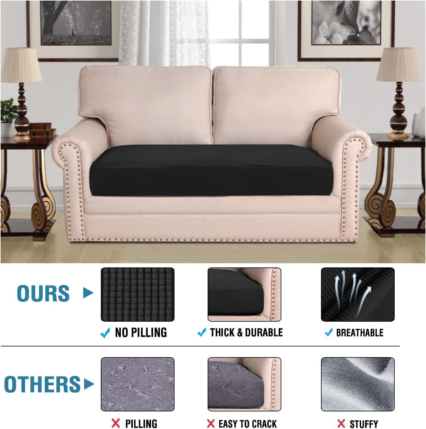 H.VERSAILTEX Super Stretch Individual Seat Cushion Covers Sofa Covers Couch Cushion Covers Slipcover Sets Thick Jacquard Textured Twill Fabric (1 Piece Loveseat Cushion Cover, Black)