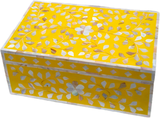Decorative Storage Box Of Mother Of Pearl Inlay Floral Design Wooden Storage Box For Home Decoration For Living Dining & Bedroom (Yellow_12x8x5 inch)