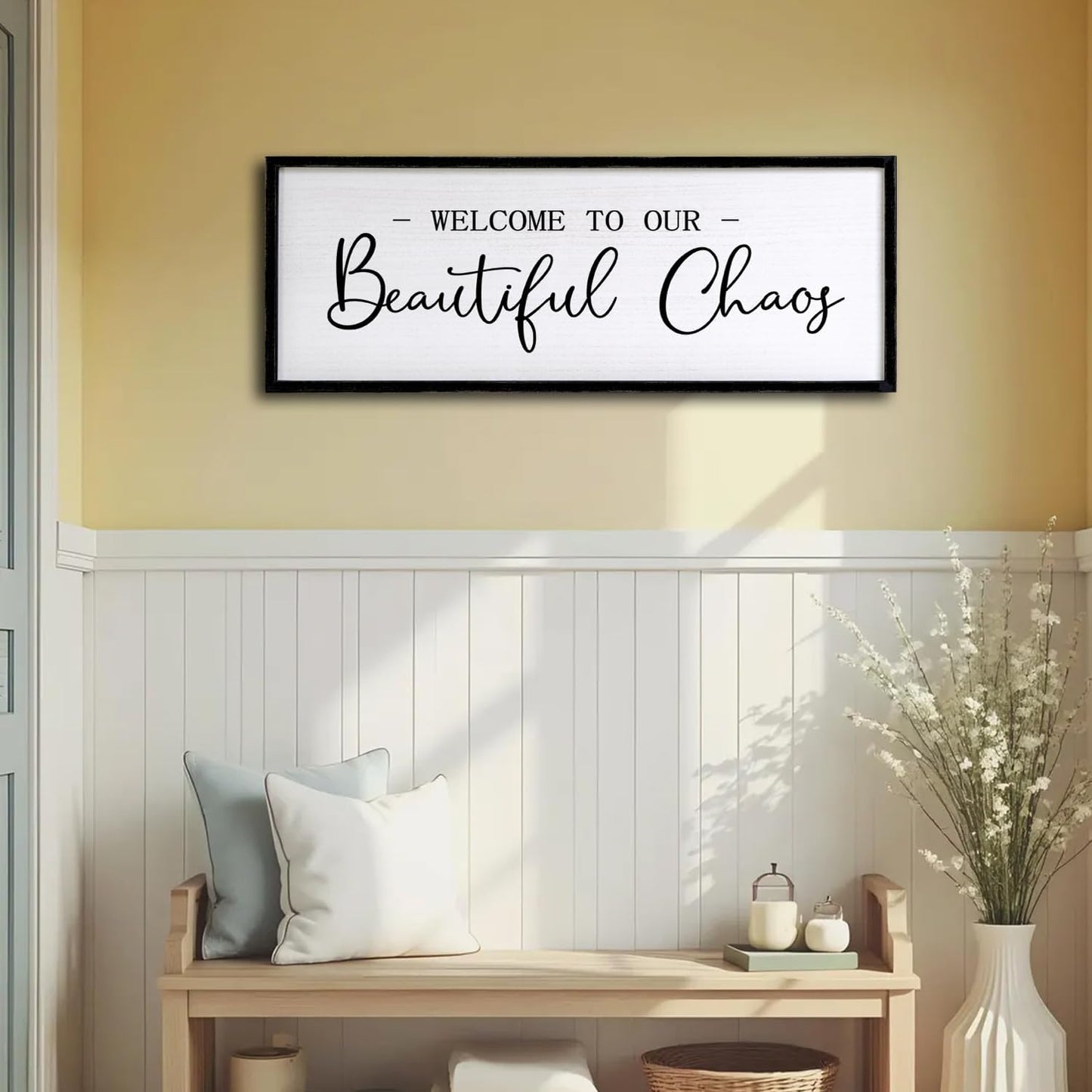 Welcome to Beautiful Chaos Framed Wall Art, 40''×15'' Rustic Horizontal Beautiful Chaos Plaque with Black Frame for Entryway Living Room, Farmhouse Long Welcome to our Chaos Wood Sign Wall Decor