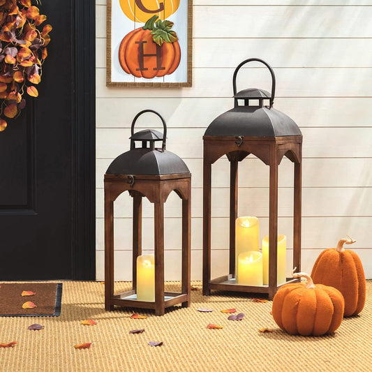 Glitzhome Set of 2 Mondern Farmhouse Wooden Lantern Hanging Decorative Candle Lanterns for Outdoor & Indoor Brown (No Glass)
