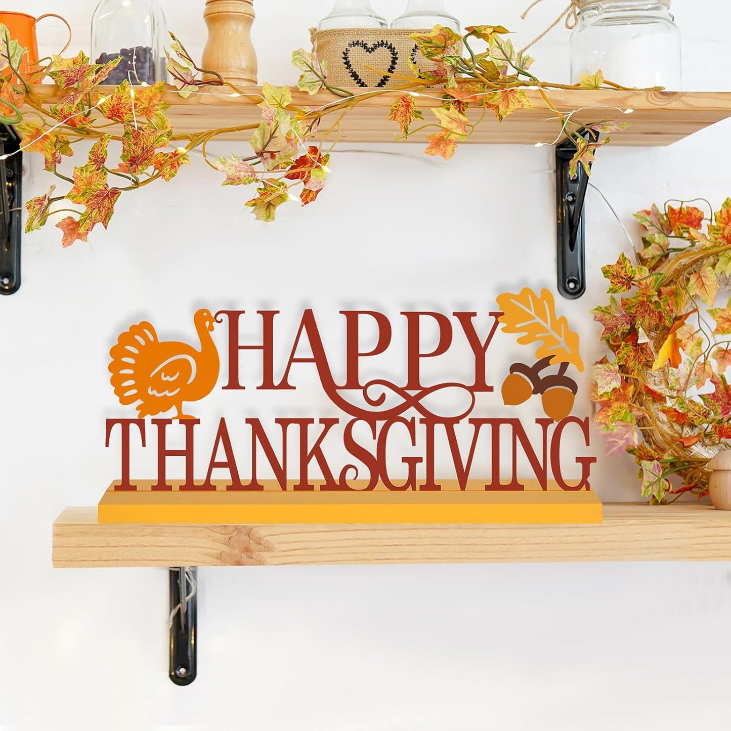 COCHIE Metal Happy Thanksgiving Sign, Fall Leaves Turkey Table Centerpieces Decorations for Home, Office, Shelf, Mantel, Indoor, Traditional Party Supplies Decor (Thanksgiving)