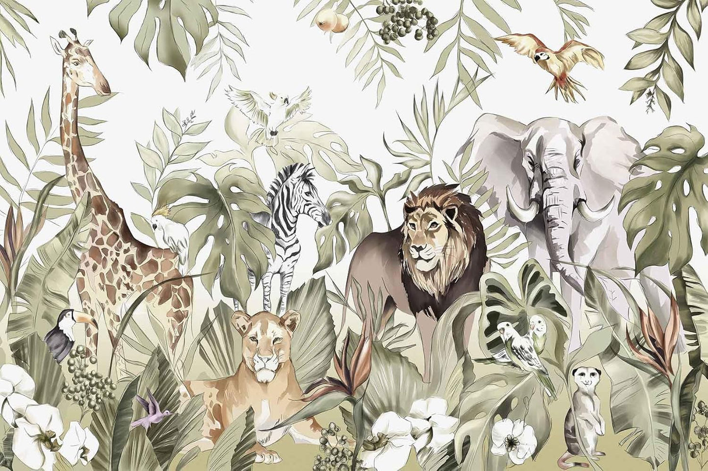 Hand-Painted Beautiful Wall Mural Pattern of Tropical Plants and Various Animals, Large Art Wall Background Wallpaper(Non-self-Adhesive)