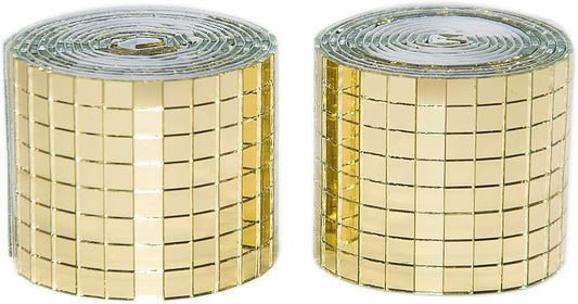 Gold Self-Adhesive Glass Mirror Mosaic Tiles, 5 x 5 mm Square Mirror Tiles, 3200 Pieces Disco Ball Tiles for DIY Craft, 2 Rolls Disco Mirror Tiles for Interior, Art Collage, Card Making, Cups