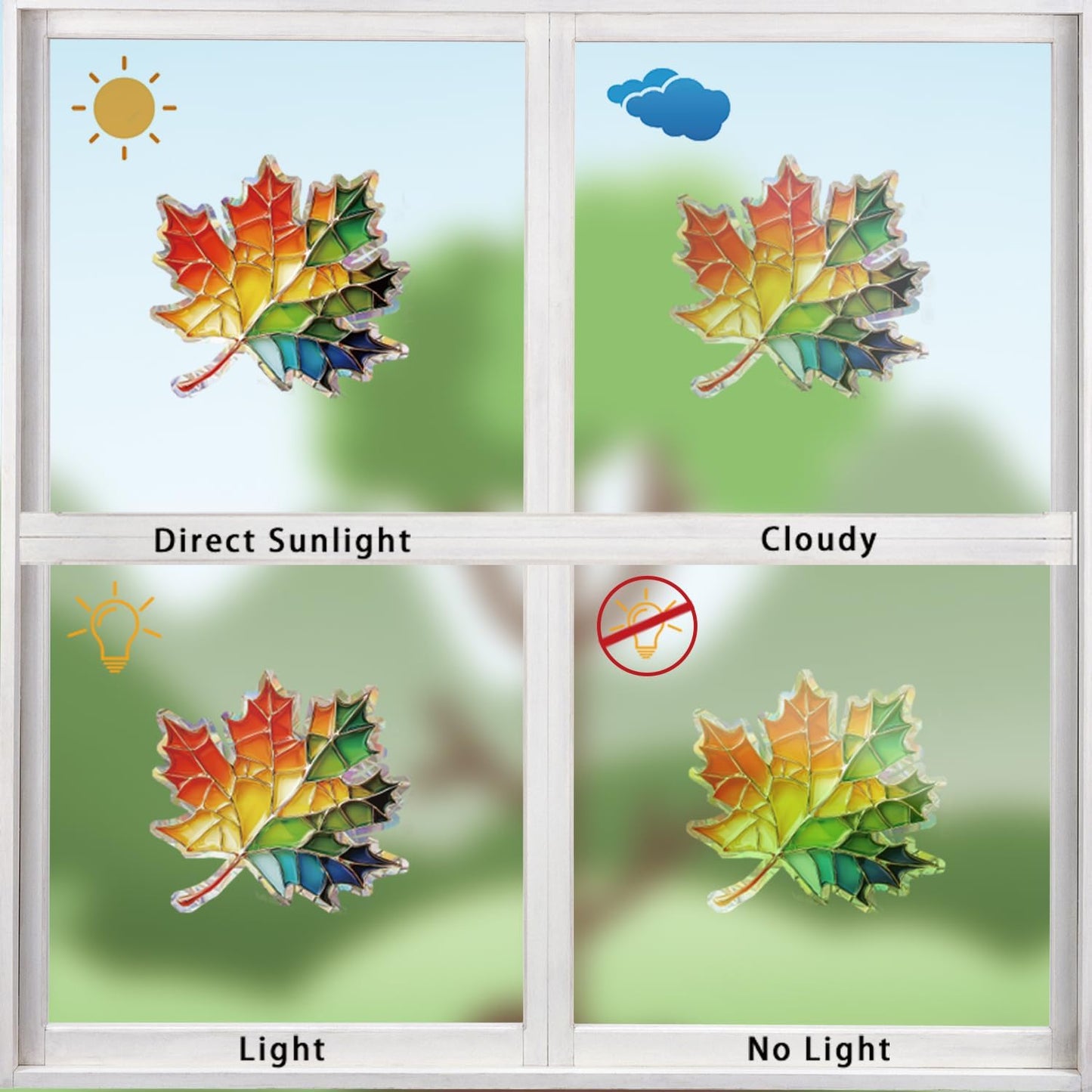 14pcs Window Decals for Bird Strikes, Anti Collision Window Clings, Rainbow Reflection Window Sticker, Maple Leaf Style Sun Catcher Stickers for Glass Windows