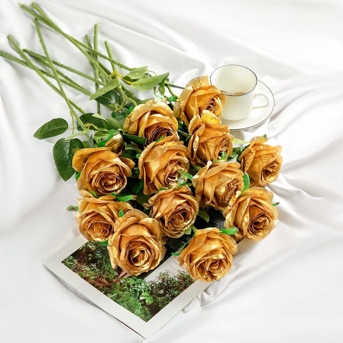 Gold Fake Roses Artificial Flowers - 10 Pcs Fake Artificial Roses Silk Flowers with Stems for Home Wedding Hotel Office Centerpiece Decor