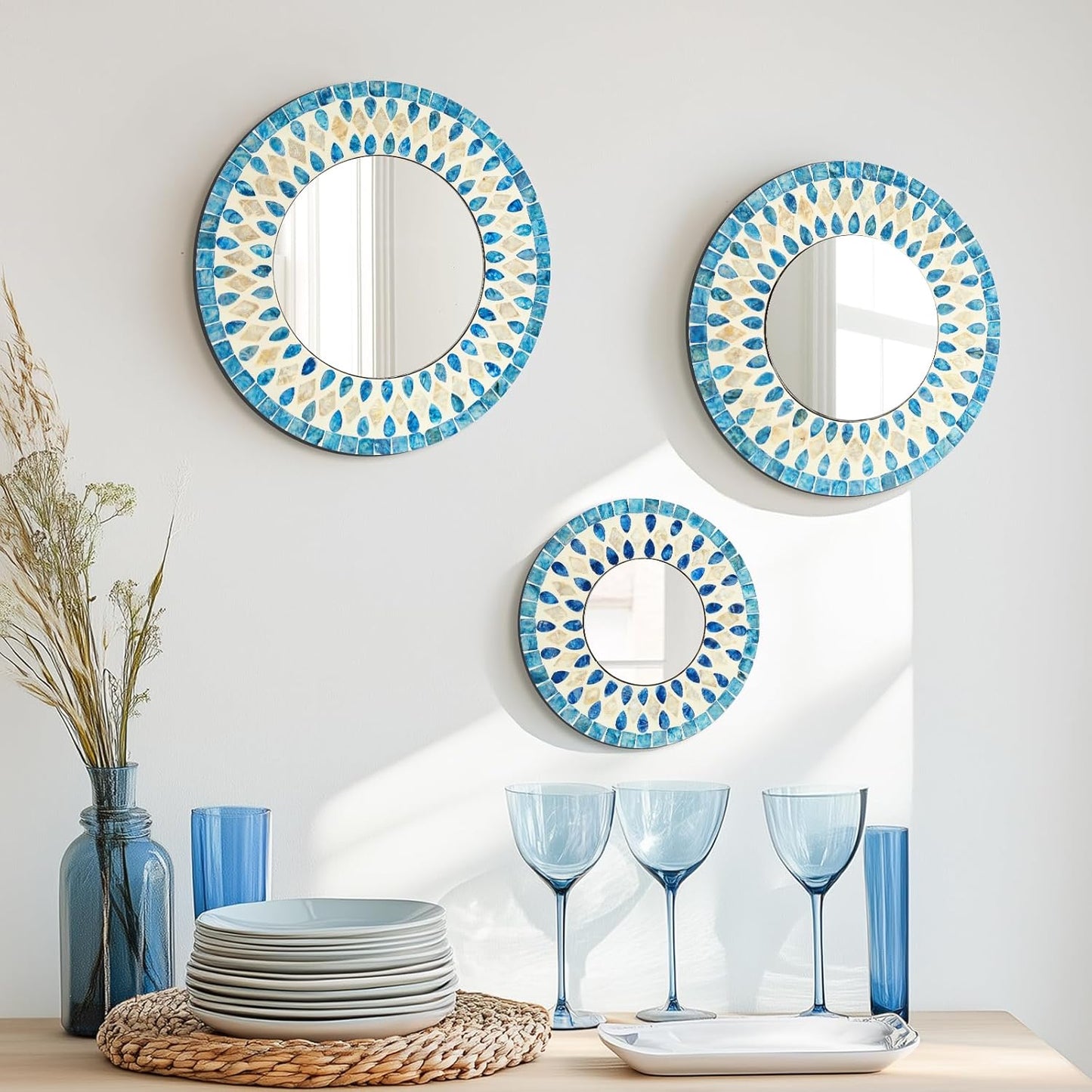 TEIPAI Handmade Mother of Pearl Mirror for Wall Decor, 3PCS Round Decorative Mirrors for Beach Nautical Home Hotel Coffee Shop, Natural Plate Art Hanging Sculpture for Dorm Apartment Entryway (Blue)