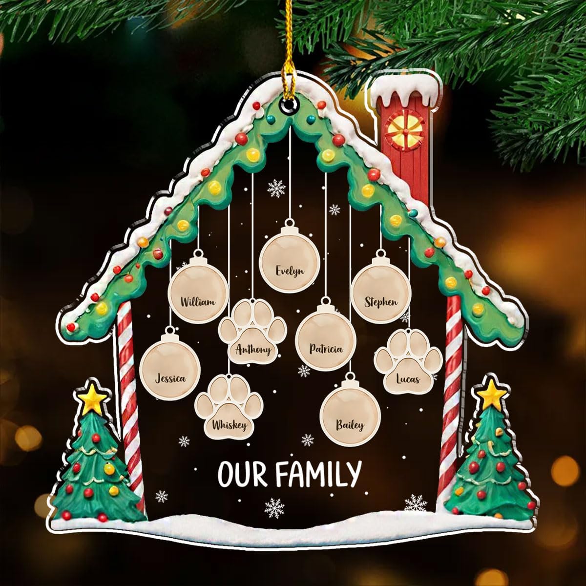 Personalized Family Christmas Acrylic Ornament 2024 - Custom Name Charms Family Members up to 10 People and Pets, Paw Charm Ornament Gifts for Family Tree Decoration (A02, 3 Names)