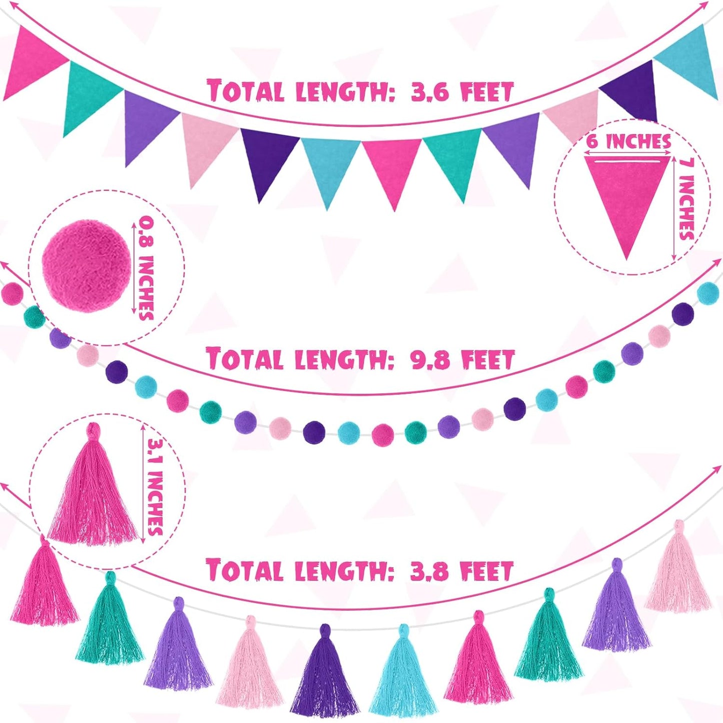 Irenare 9.8 ft Pom Pom Garland Felt Colorful Tassel Banner Christmas Party Pompoms Garland Decorations Felt Pennant Banner for Classroom Home Mantel Fireplace Birthday(Mermaid Colors)