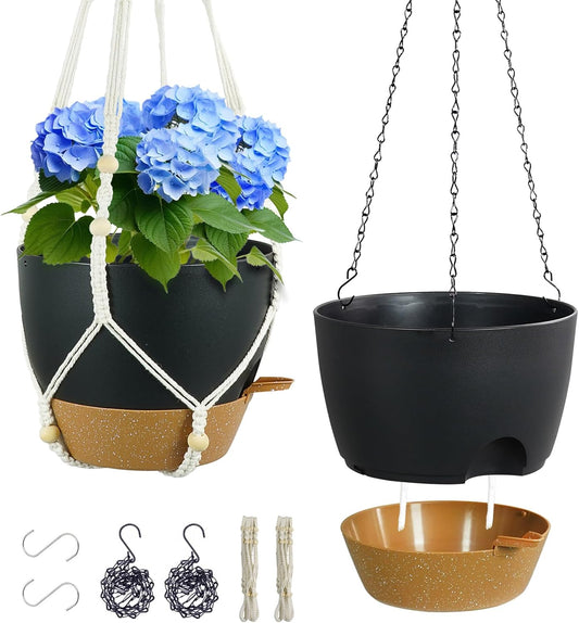 10 inch Self Watering Hanging Planters, 2 Pack Hanging Flower Pots for Indoor Outdoor Plants, Hanging Baskets with Drainage Holes & 2 Kinds of Plant Hangers for Garden Home Decor, Black Brown