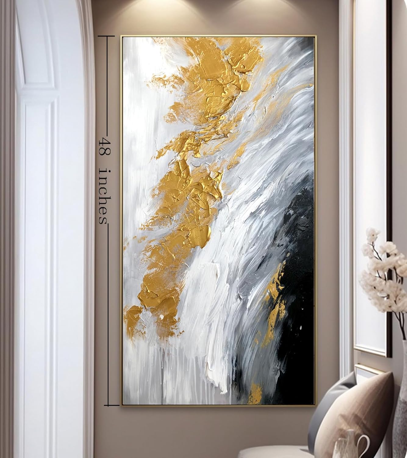 Hand-Painted Gold Abstract Oil Painting on Canvas for Entrance-Hall, Framed White and Black Wall Art for Living Room,Large Wall Picture for Bedroom Kitchen Home Decoration 24x48inch