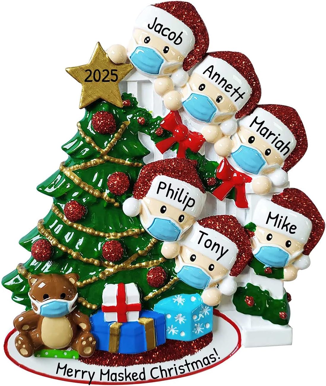 3D Masked Family of 6 Ornament 2025 Personalized Family Christmas Ornaments 2025 | Staircase Personalized Tree Ornaments for Grandchildren, Siblings & Grandkids Xmas Tree with Gifts of Six Ornament