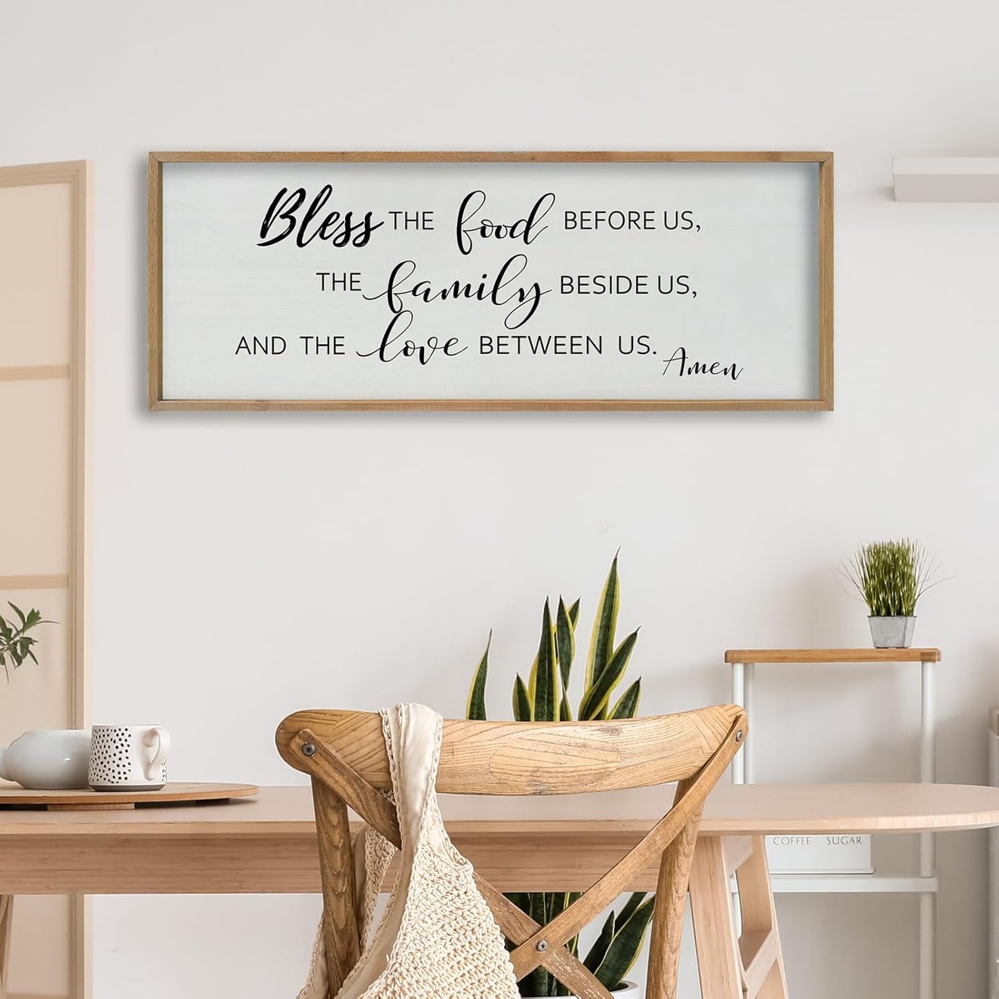 SRSZHIYUE Bless the Food Before Us Wall Sign Decor 40"×15" Christian Bible Verse for Farmhouse Rustic Kitchen Dining Room Framed Wood Scripture Religious Jesus Prayer Wall Art (Wood)