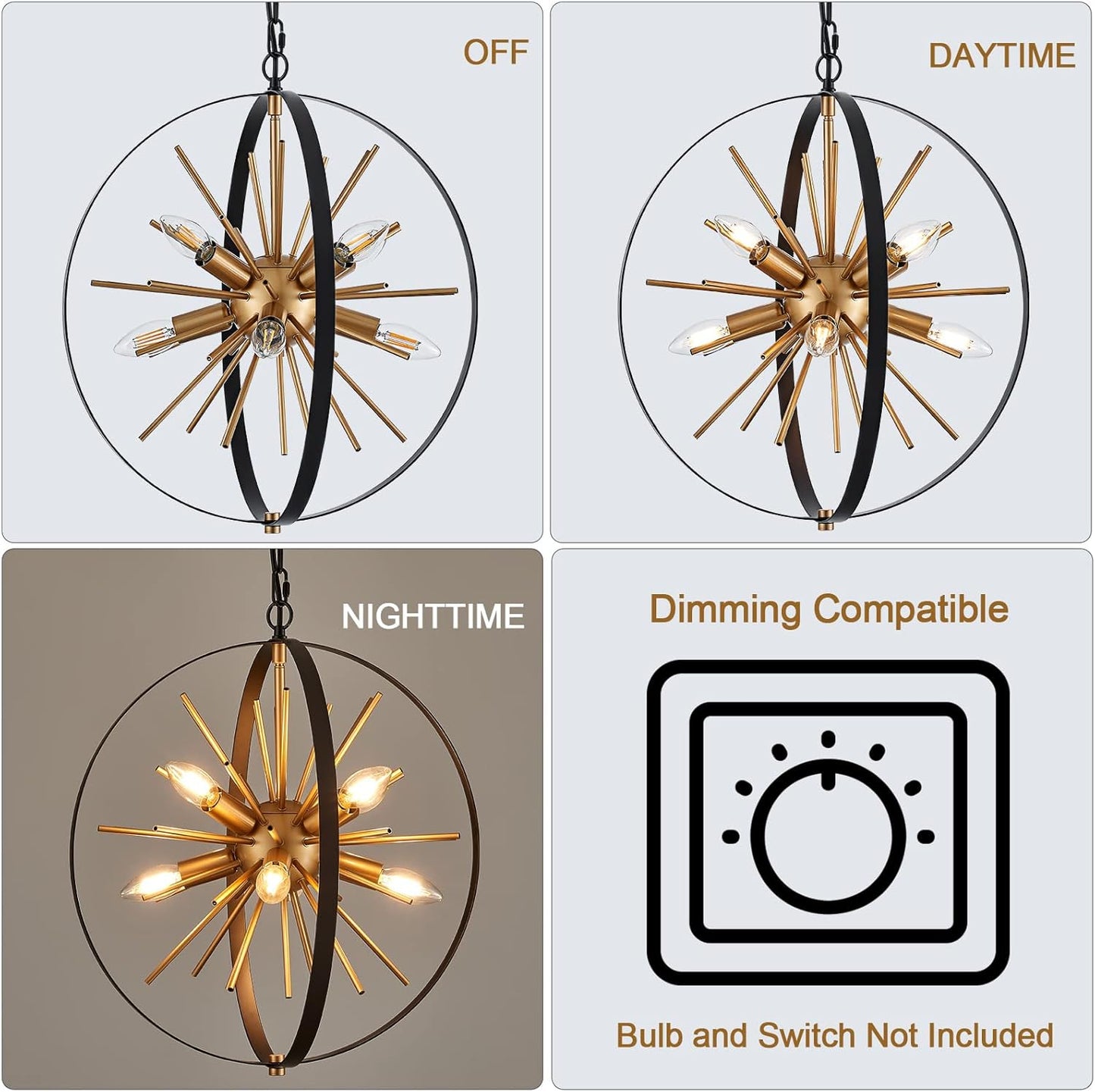 17.72'' Black Gold 8-Light Globe Sputnik Chandelier Modern Industrial Adjustable Hanging Ceiling Firework Pendant Light Fixture for Entryway Stairway Kitchen Dining Living Room Hallway