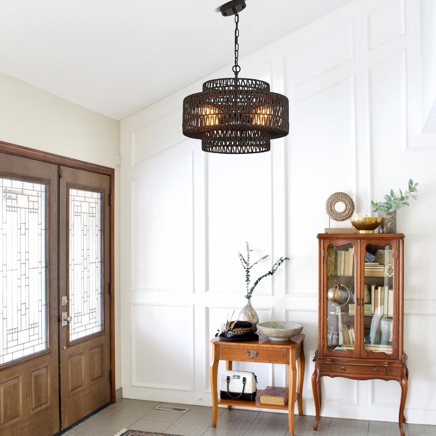 Hand-Woven Rattan Chandelier Vintage 4-Lights Farmhouse 17.7" Boho Bamboo Chandeliers Light Fixture Retro 3-Tier Drum Wicker Rattan Black Chandelier for Dining Room, Kitchen, Bedroom,Foyer