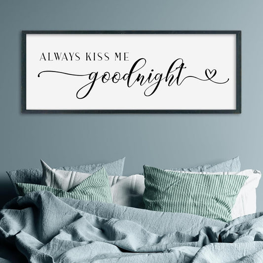 SRSZHIYUE Always Kiss Me Goodnight Sign Wall Decor Art for Master Bedroom Above Bed 40"×15" Large Wood Framed Wall Hanging (Black)