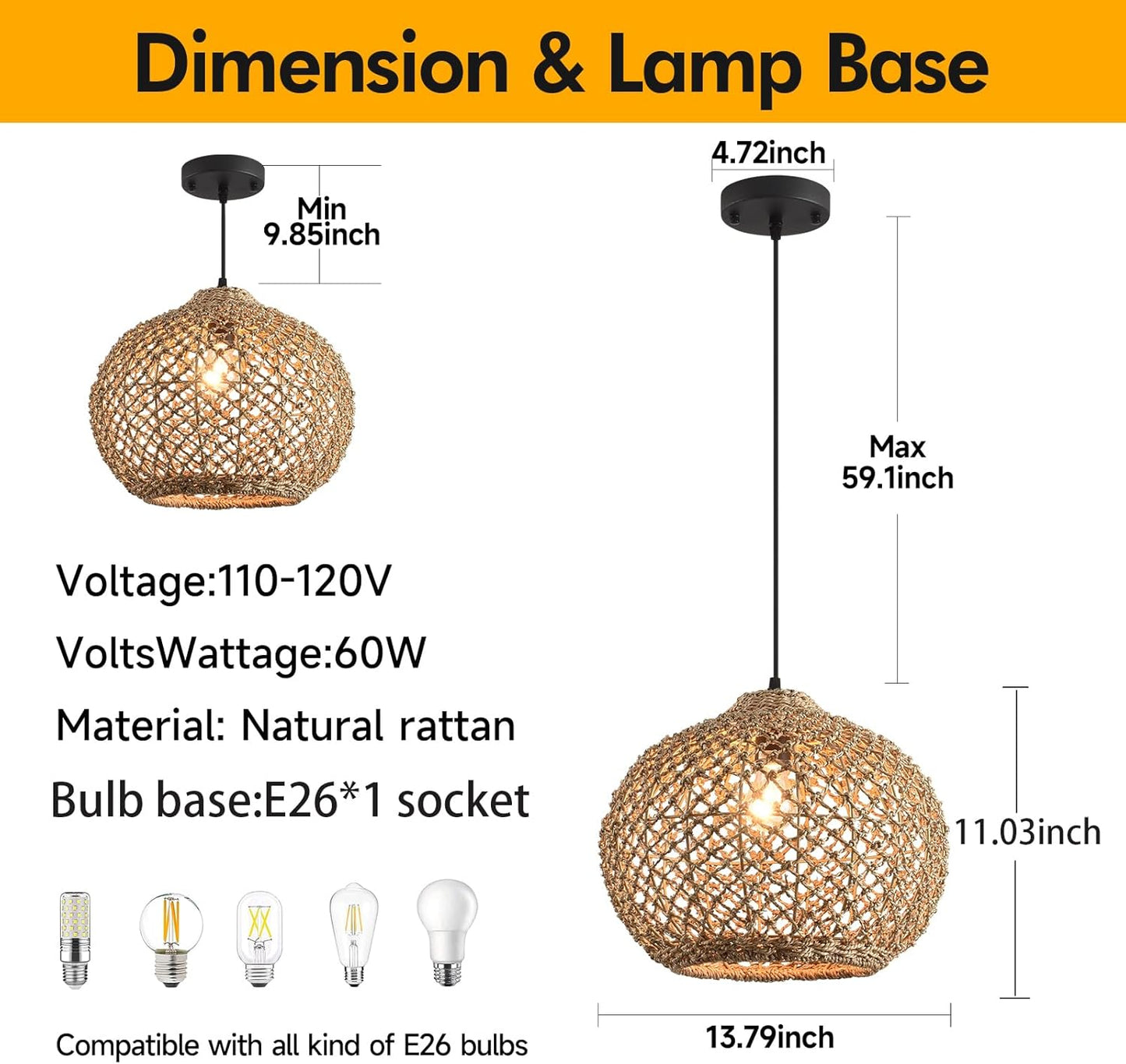 1-Pack 13.79” Rattan Pendant Light Fixture,1-Light Bohemian Handmade Woven Bamboo Wicker Suspension Farmhouse Chandelier for Kitchen Island Bedroom Living Room