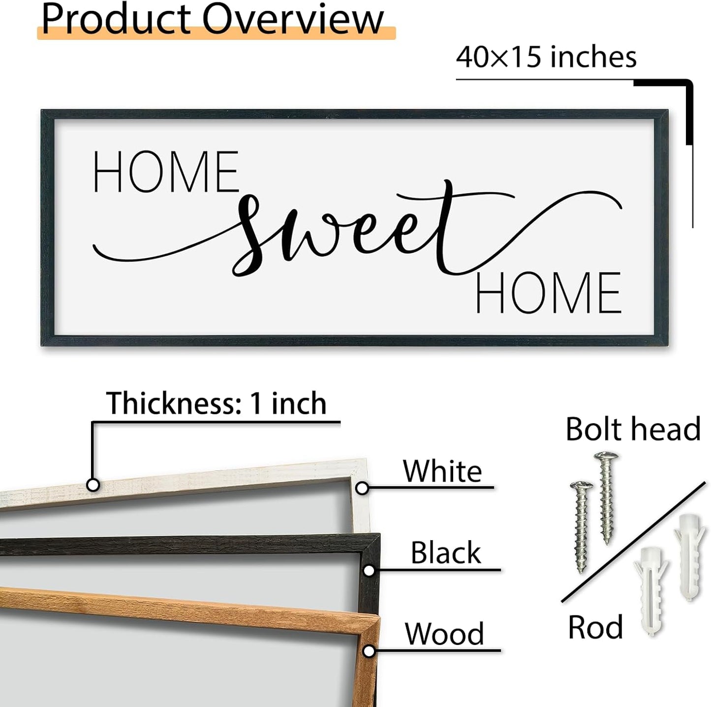 SRSZHIYUE Home Sweet Home Sign 40"x15" for Farmhouse Rustic Large Family Living Room Over Couch Modern Horizontal Wall Decor, Wood Framed Plaques Art Decorative (Black)