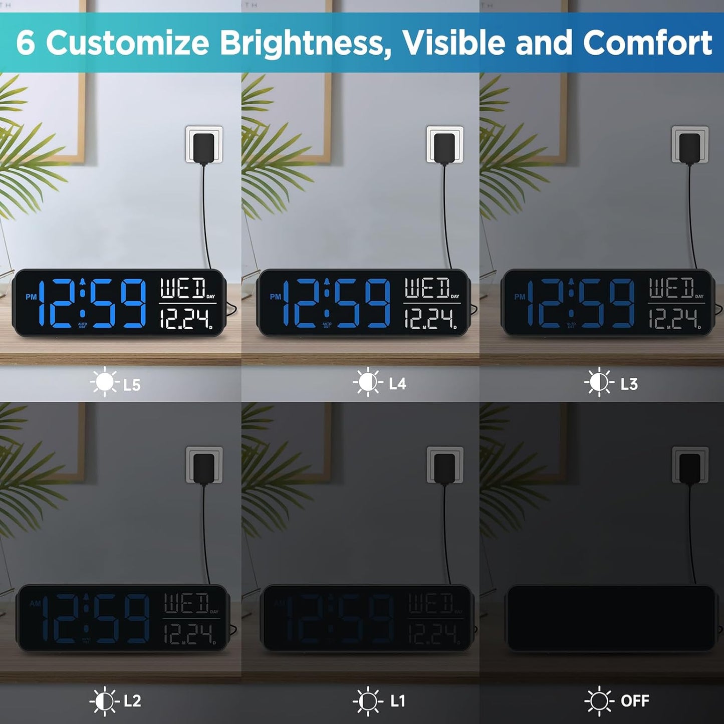 Peakeep Large Display Digital Alarm Clock for Bedrooms, Date Day of Week Calendar Desk Table Clocks for Living Room Office, Dimmable Plug in Electric Clock, 5 Volumes, Loud, Auto DST