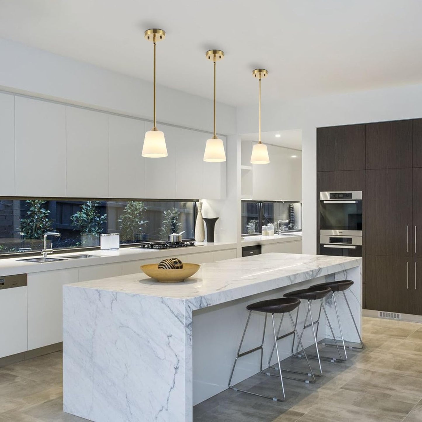 Modern Gold Pendant Light 3 Pack Brushed Brass Mid Century Chandelier White Cylinder Glass Shades Adjustable Rods Farmhouse Ceiling Hanging Lighting Fixture Kitchen Island Dining Room Bedroom