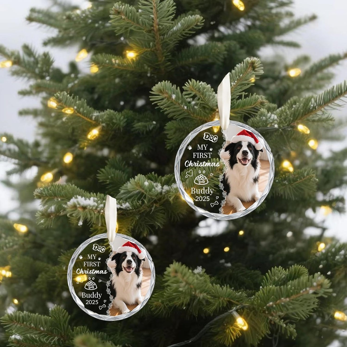 Personalized Dog Christmas Ornaments 2025, Custom Christmas Photo Crystal Glass Ornaments with Name or Date, Personalized Christmas Tree Decor Gifts for Family, Friends,Pet or Newlyweds