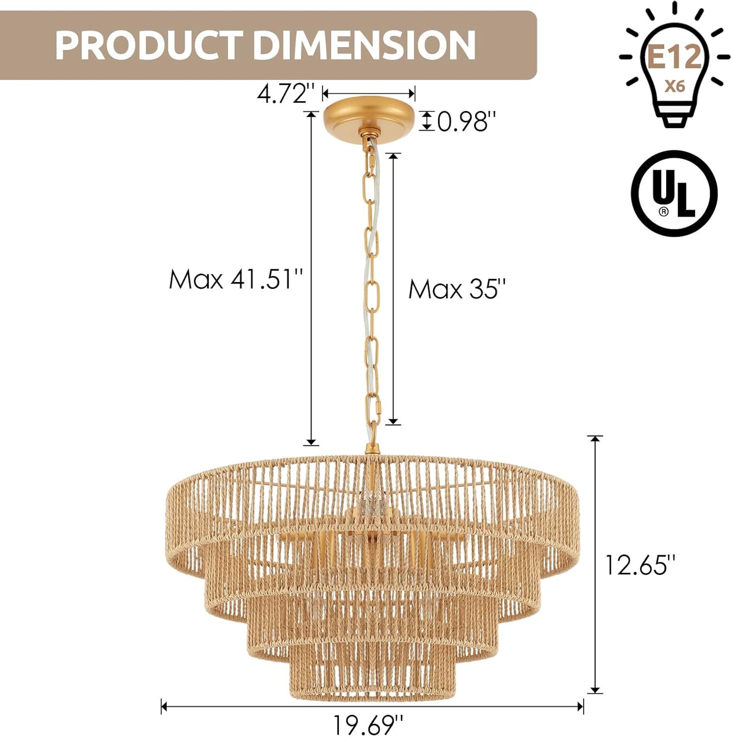 6-Lights Hand-Woven Rattan Pendant Light 4 Round Transitional Minimalist Boho Large Pendant Light for Kitchen Island Dining Room Living Room Hallway, Dia 20 Inch, UL Listed