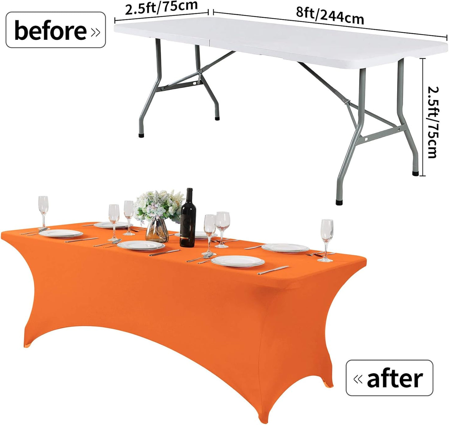 2Pack Spandex Table Cover for 8FT or 4ft or 6ft Table Universal Fitted Stretch Tablecloth for Party, Banquet, Wedding and Events-Orange