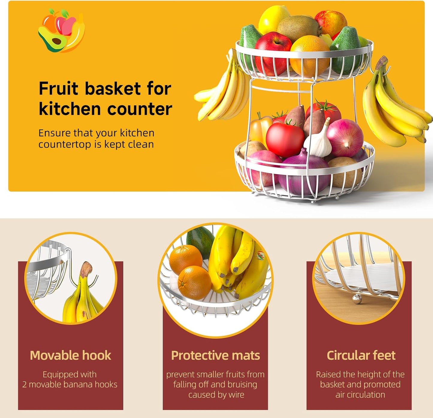 2 Tier Fruit Basket for Kitchen Counter with 2 Banana Hangers, Metal Stackable Fruit Bowl for Kitchen Counter for Bread Vegetable Fruits, Silvery