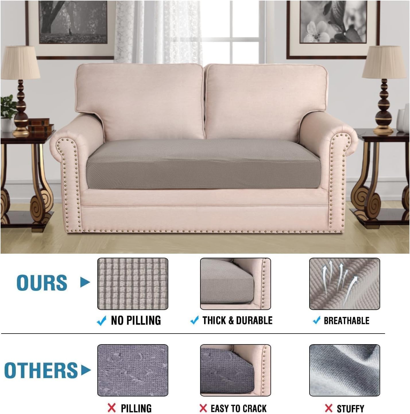 H.VERSAILTEX Super Stretch Individual Seat Cushion Covers Sofa Covers Couch Cushion Covers Slipcover Sets Thick Jacquard Textured Twill Fabric (1 Piece Loveseat Cushion Cover, Taupe)