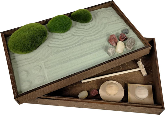Wooden Stackable Zen Garden | Palo Verde Sand with Rake & Accessories | Minimalist Decor for Relaxation