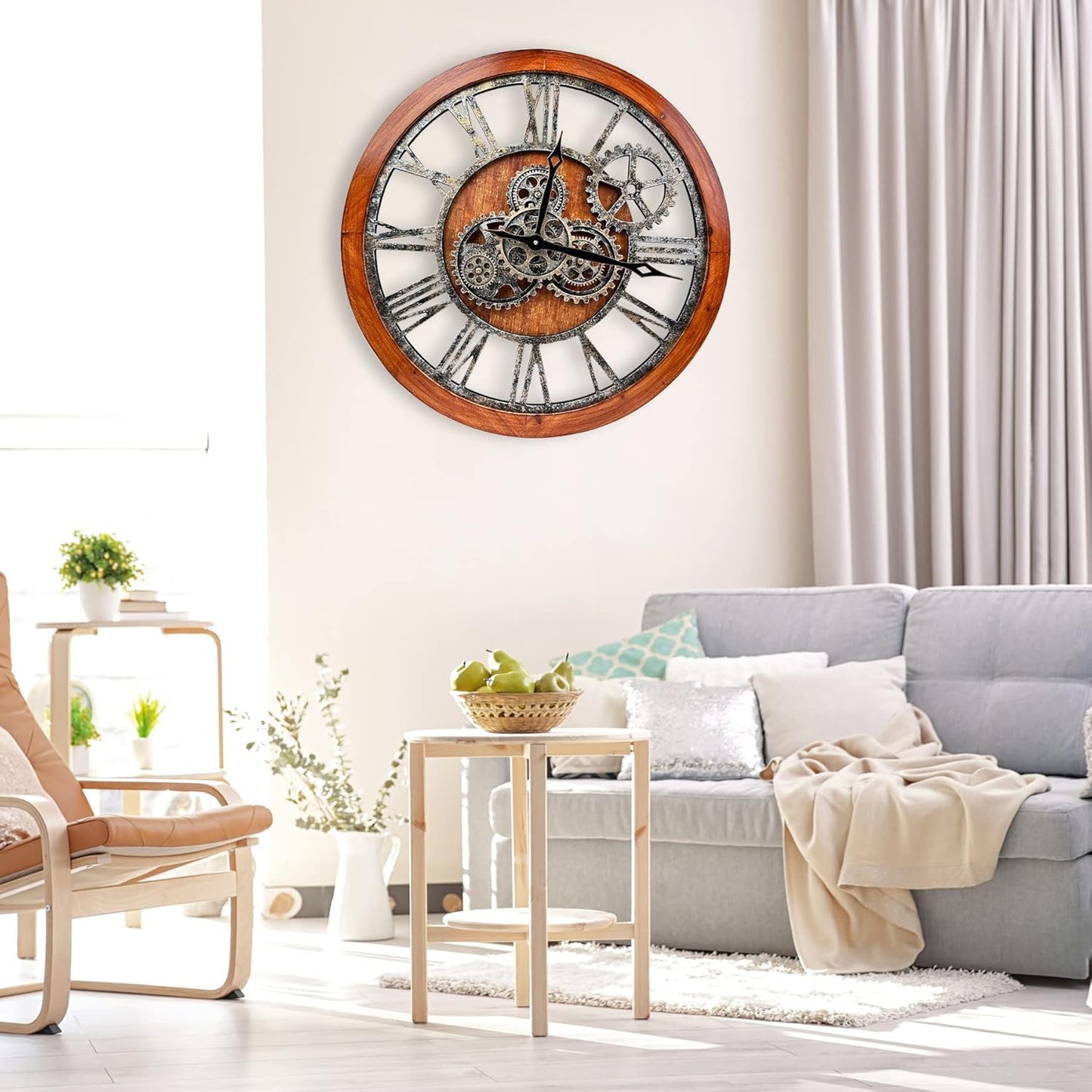 The B-Style Large Wall Clock 24 inch Moving Gear Wall Clock Oversized Vintage Farmhouse Wall Clocks for Living Room Decor Rustic Industrial Wood Clock (Brown and Bronze)