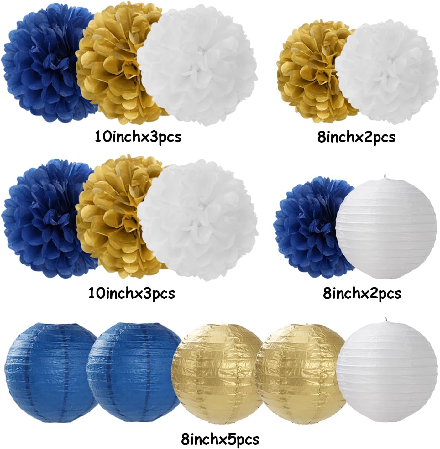 Navy-Blue Gold Party-Decorations Paper-Flowers Lanterns - 15PCS Royal White Baby Bridal Shower Tissue Pom Poms Streamers, Bachelorette Birthday Wedding Graduation Hanging Supplies Decor Hugfond