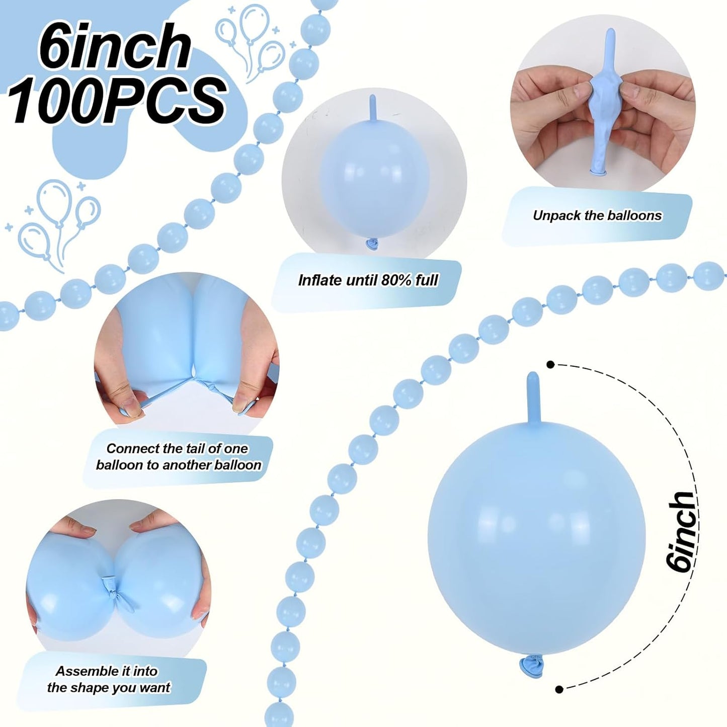 Light Blue Linking Balloons, 60PCS 6 Inch Small Baby Blue Quick Link Balloons for Making Balloon Wall Heart Arch, Tails Balloon for Wedding Birthday Baby Shower Engagement Graduation Party Decorations