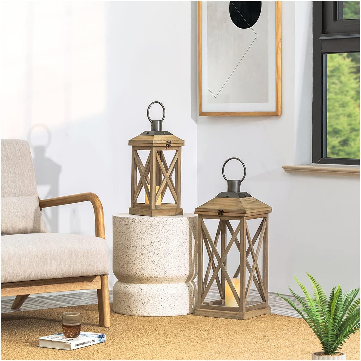 Glitzhome Mondern Farmhouse Wood Metal Lanterns Decorative Hanging Candle Lanterns Set of 2, Natural (No Glass)