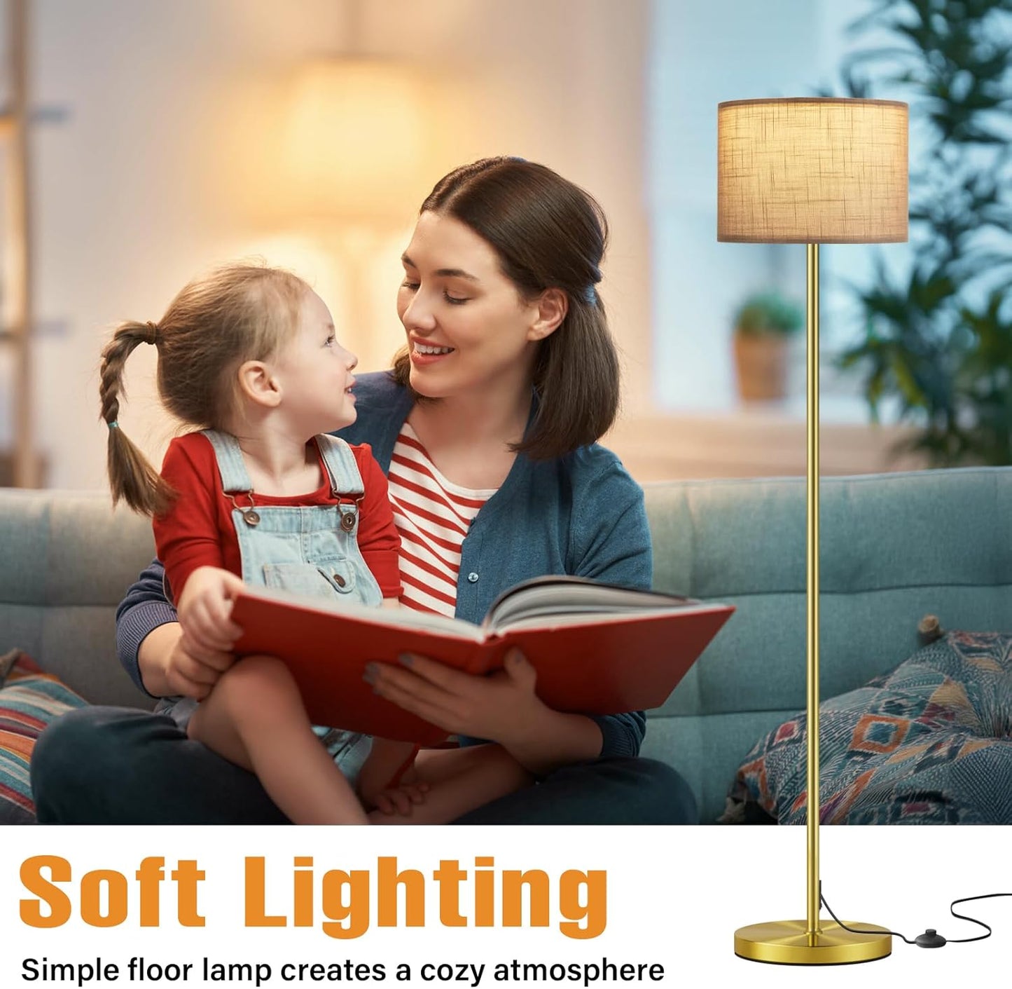 Ambimall 60'' Modern Floor Lamp with Shade, Tall Lamps for Living Room, Bedroom, Office, Dining Room, Linen Grey Shade with Brushed Gold Pole(Without Bulb)