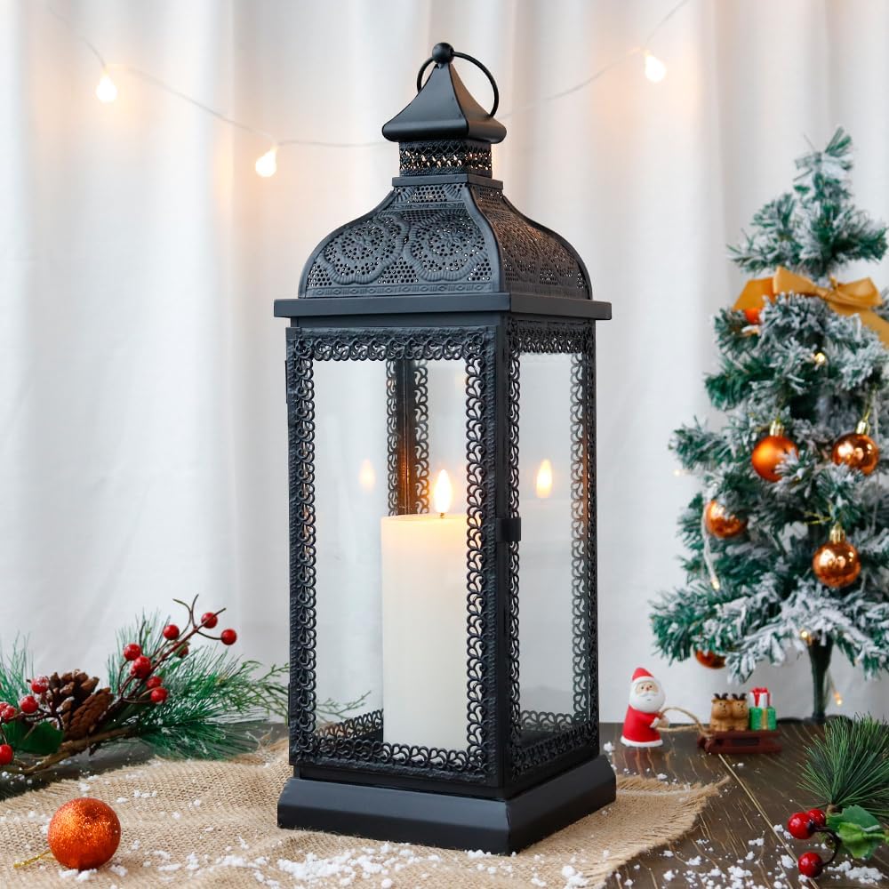 TRIROCKS Rustic Style Metal Candle Lantern 19'' High Decorative Hanging Lantern Candle Holder with Tempered Glass for Christmas Living Room Garden Yard Patio Parties Events Indoors Outdoors(Black)