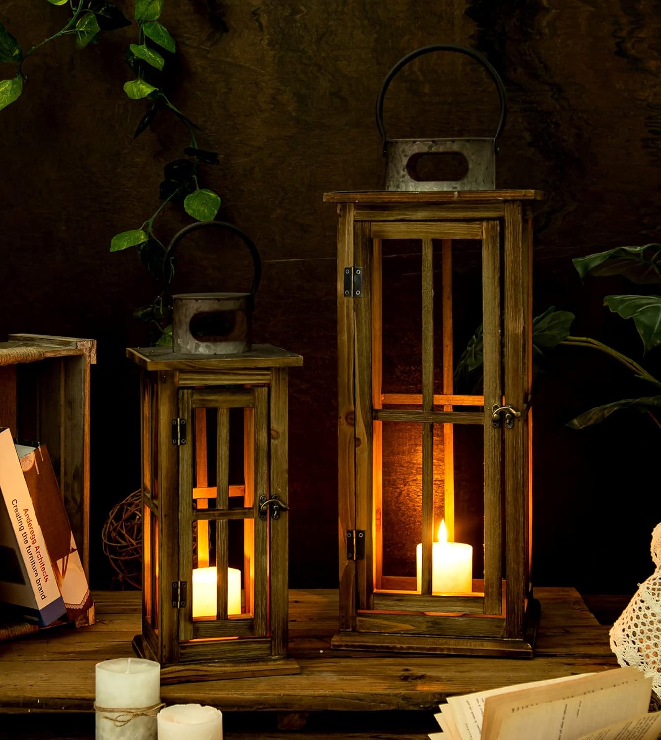 TIMRIS Large Farmhouse Wooden Metal Lantern Set of 2, Rustic Decorative Floor Candle Lanterns, Vintage Distressed Hanging Lanterns for Home Décor (No Glass)